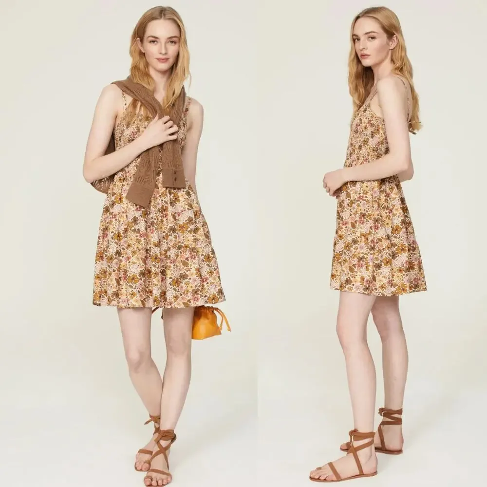 NEW Madewell Tucker Tie Strap Lucie Mini Dress Beige Floral XS Bloomcore Scandi